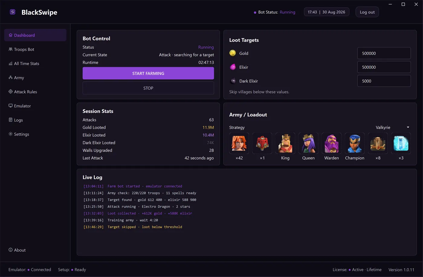 The Dashboard screen of BlackSwipe: Start, stop, loot targets and the live log on one screen.