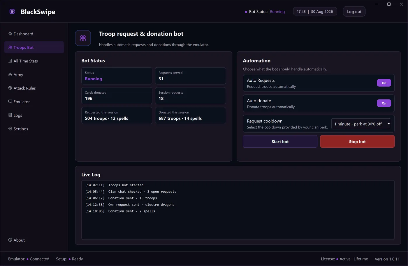 The Troops bot screen of BlackSwipe: Answers donation requests from your clan chat on its own.