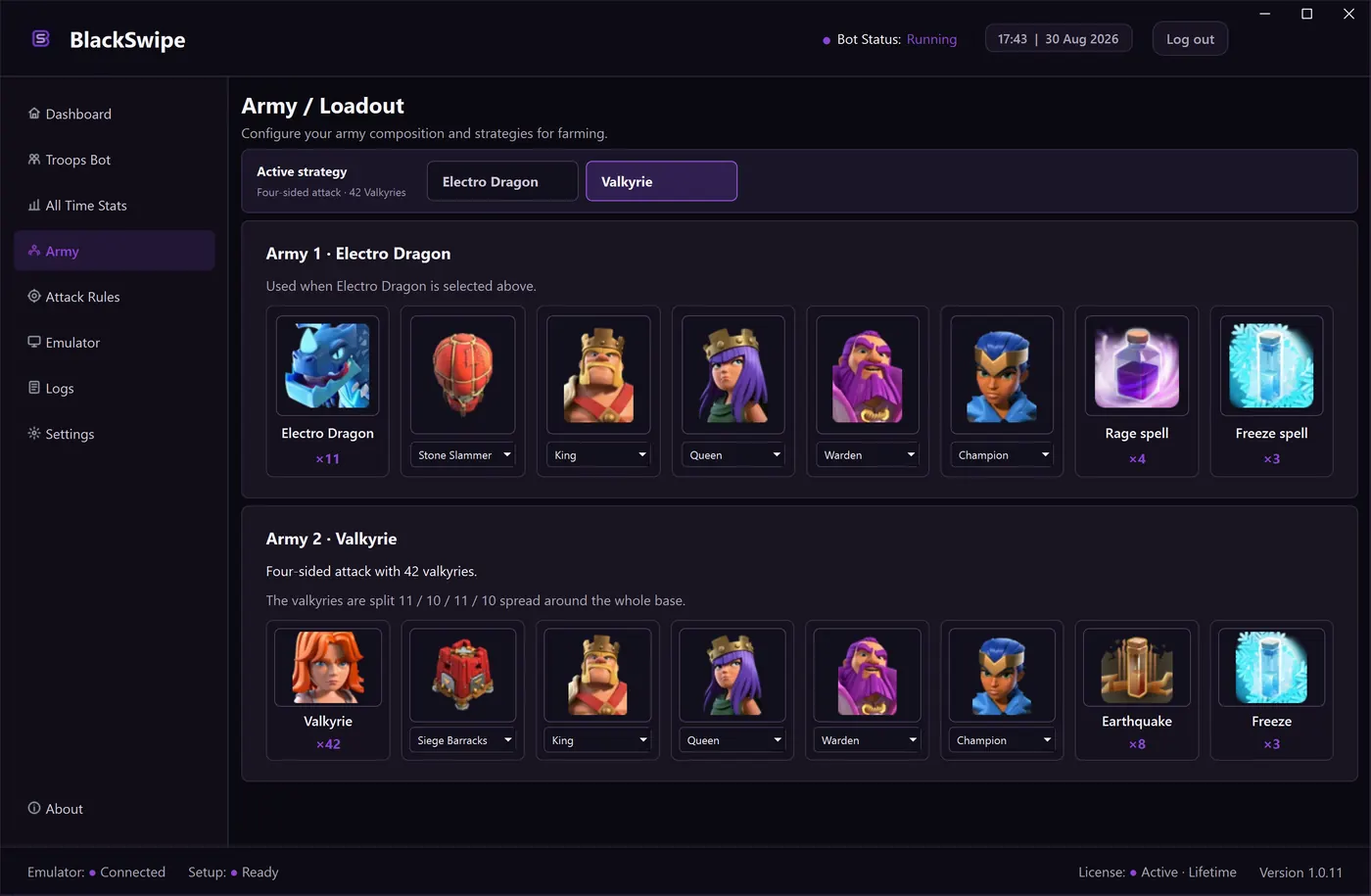 The Army screen of BlackSwipe: Troops, spells and heroes for the selected strategy.