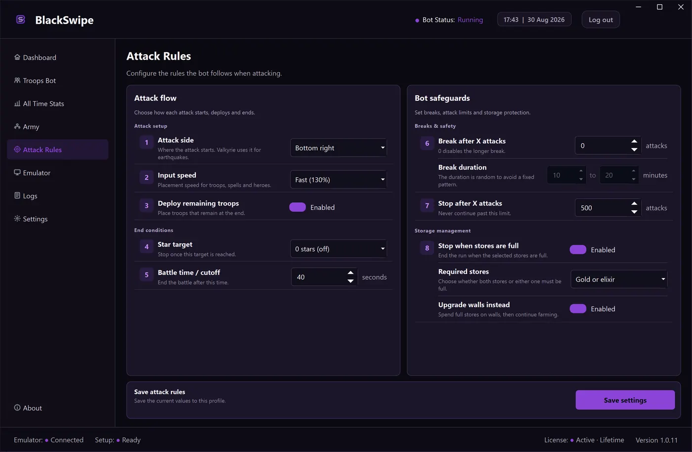 The Attack rules screen of BlackSwipe: Thresholds, breaks, the attack limit and the storage stop.