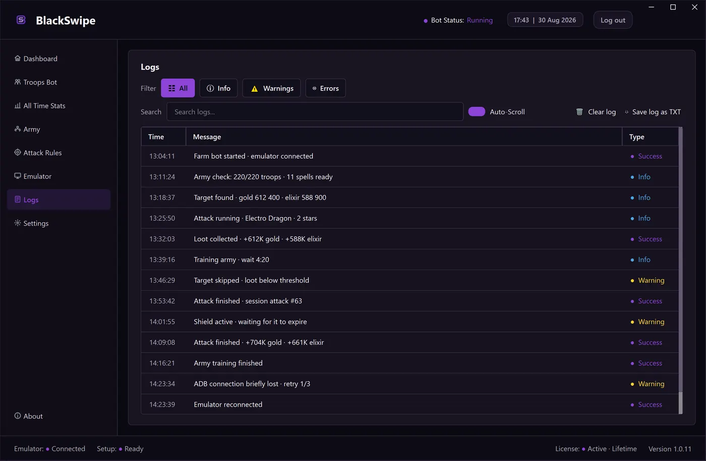 The Logs screen of BlackSwipe: Every state change with a timestamp, written to disk.