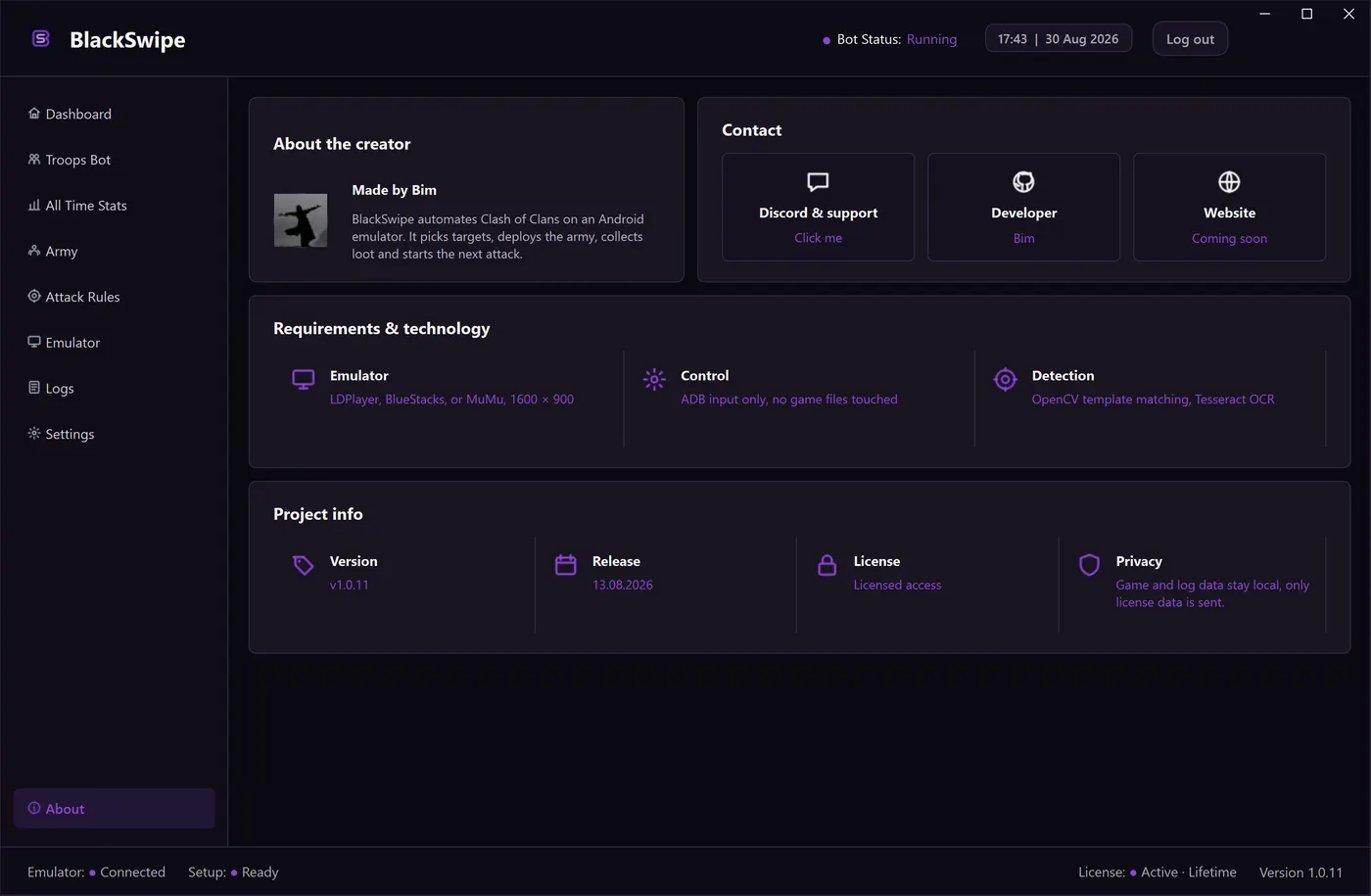The About screen of BlackSwipe: Version, requirements and where to reach support.